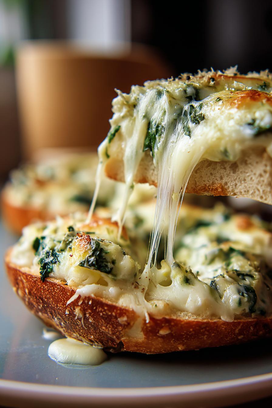 cheesy spinach artichoke bagels - detail 1