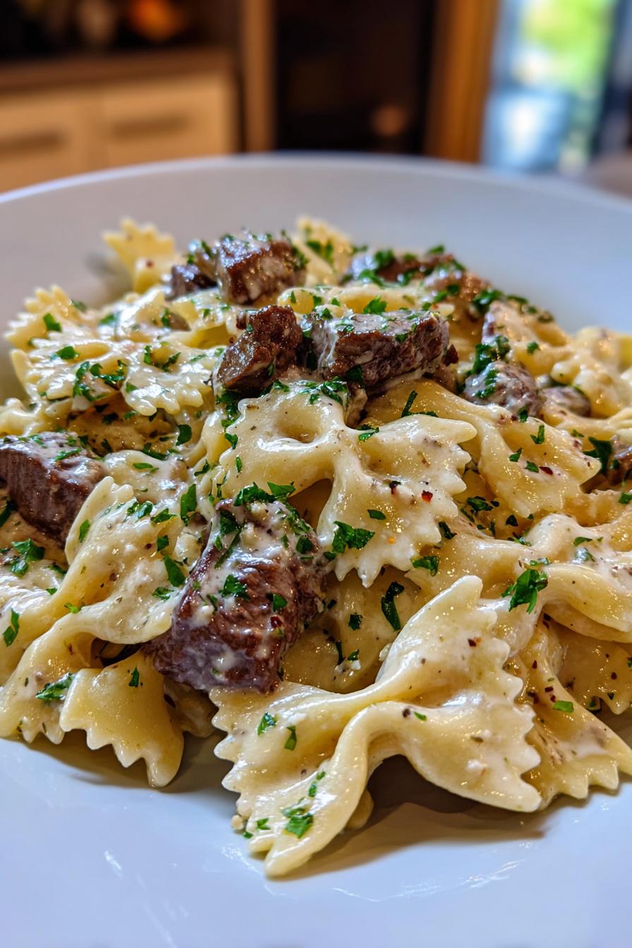 creamy parmesan garlic beef bowtie pasta
